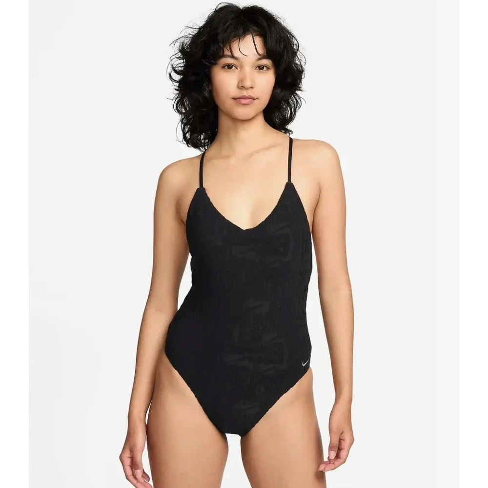 Nike Retro Flow One Piece Swimsuit Black Tonal Logo Jacquard T-Back Small
